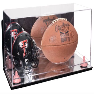Better Display Cases Acrylic Display Case for Full Size Football and Mini Helmet - Large Rectangle Box with Mirror Case, Pink Risers, Wall Mount and Mirror Base 19.25" x 8.25" x 8" (B47/A103)
