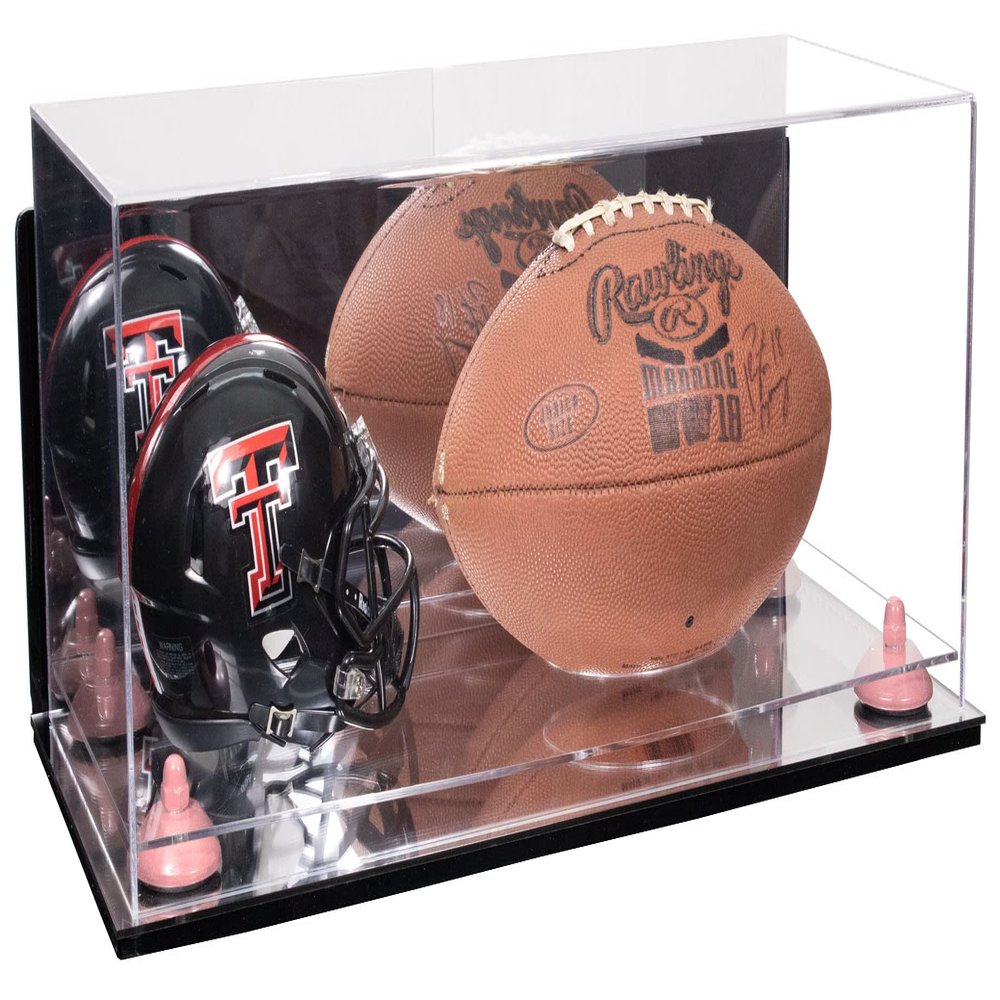 Better Display Cases Acrylic Display Case for Full Size Football and Mini Helmet - Large Rectangle Box with Mirror Case, Pink Risers, Wall Mount and Mirror Base 19.25" x 8.25" x 8" (B47/A103)