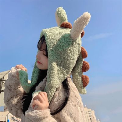 Hcclijo Cute Funny Little Dinosaur Hat Female Autumn and Winter Plus Villi Warmth Will Move s Dress Lovers Warm Hat
