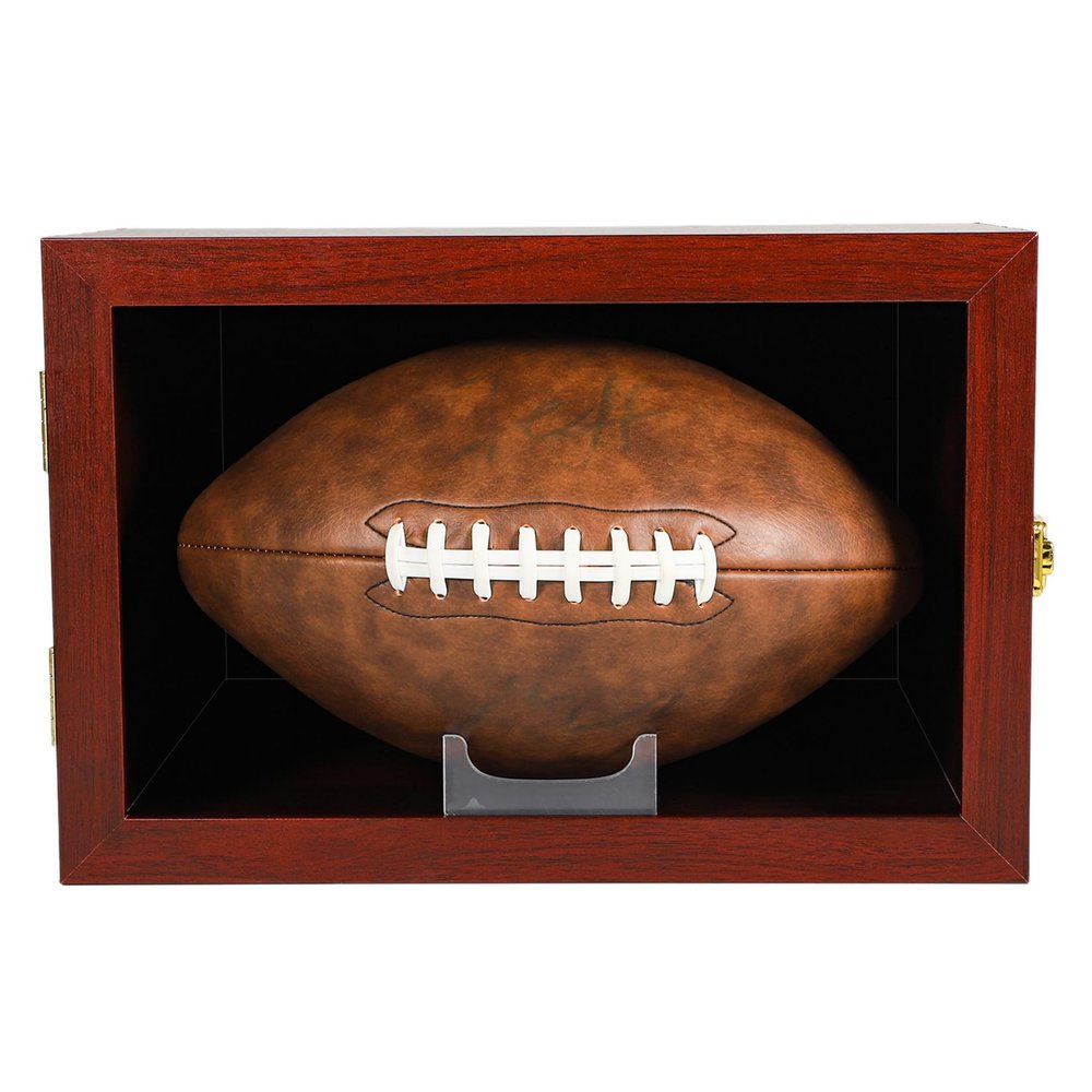 Medikaison Football Display Case Wall Mount Lockable Clear View Full Size Anti Fade UV Protective Acrylic Door Wooden Signed Memorabilia Football Box Shelf Holder-Double Ball (Single Ball Cherry)