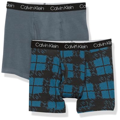 Calvin Klein Kids Boys' Modern Cotton Boxer Brief Underwear 2-Pack, Blue Plaid/Darkslate, Large