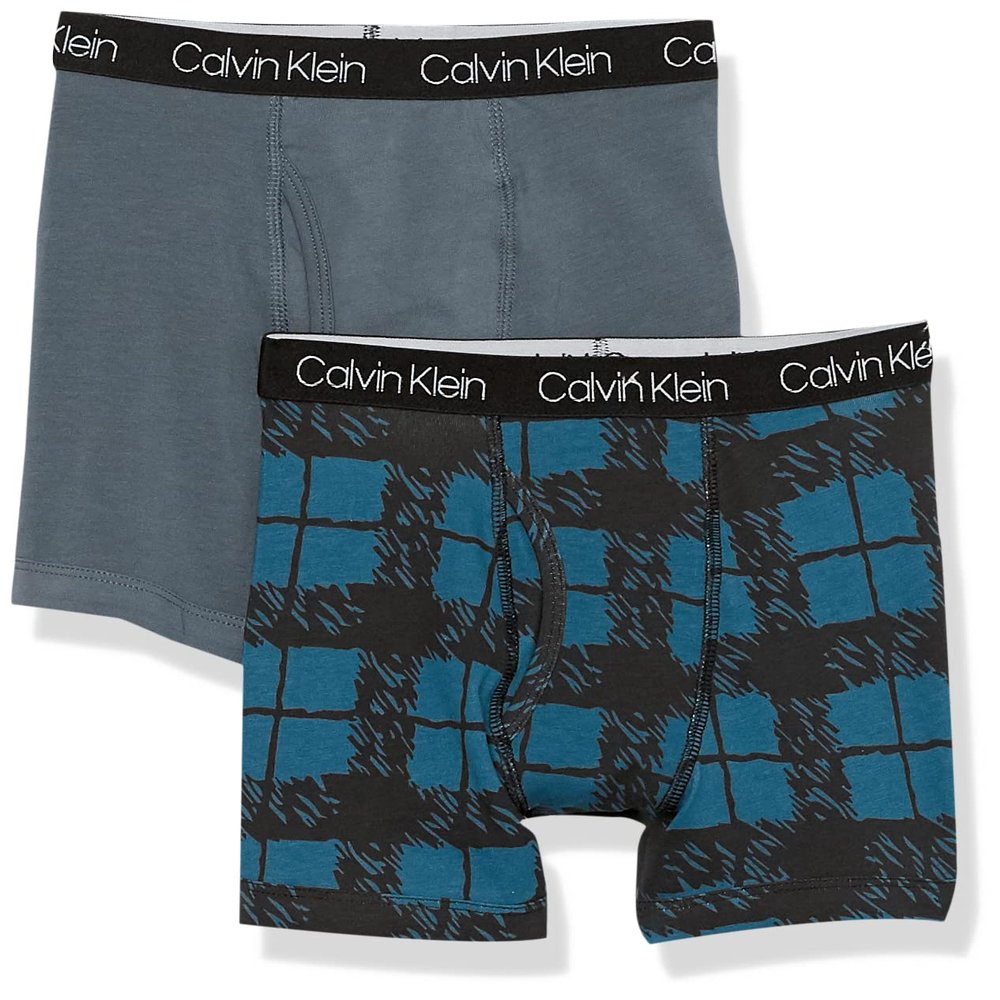 Calvin Klein Kids Boys' Modern Cotton Boxer Brief Underwear 2-Pack, Blue Plaid/Darkslate, Large