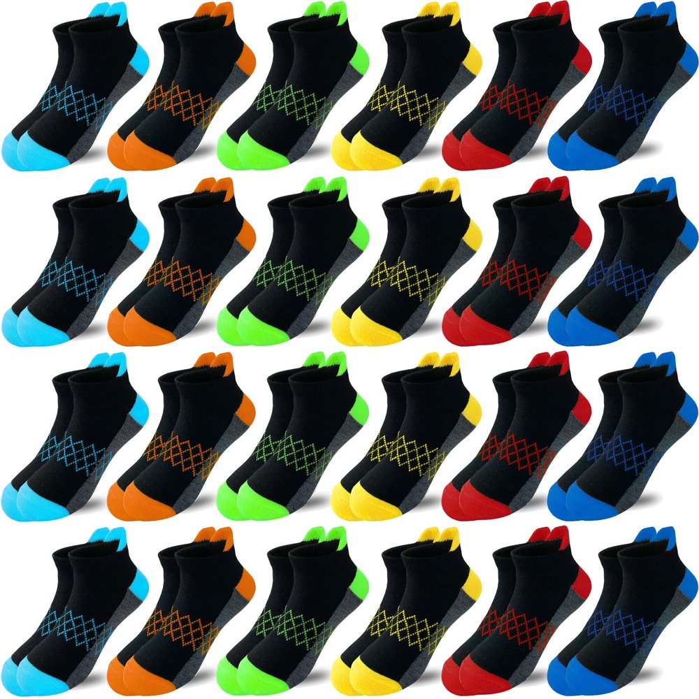 Tsmollyu Boy Socks 24 Pairs Half Cushioned Low Cut Sock Ankle Athletic Sports Sock With Cushioned Sole For Little Big Kids Age 3-14(10-14 Years)