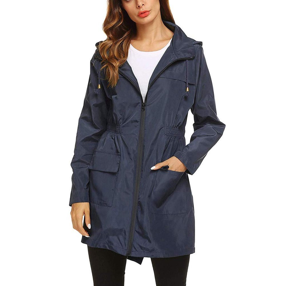 FMCHICO Womens Jacket Women Waterproof Long Hooded Trench Coats Drawstring Windbreaker Travel Jacket Navy