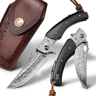 SPIRIT DEED 3.5 inch Japanese VG10 Damascus Steel Outdoor Folding Knife with Black Wood Handle, Lined Lock, EDC & Camping Use