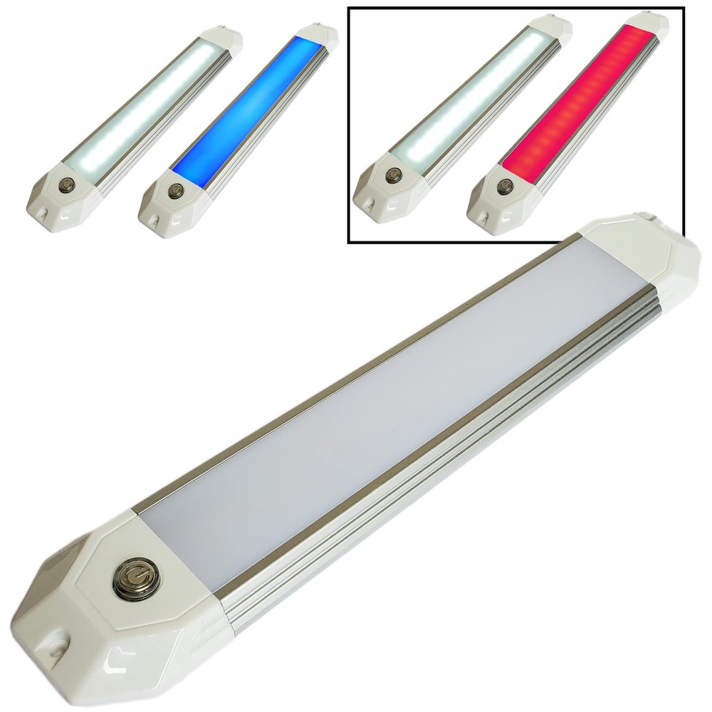 Wave One Marine 12" Dual Color Dimmable Dome Boat Light | 12V Volt RV Aluminum Housing Touch Dimmer Switch | IP67 Waterproof Interior Exterior (White | Red)