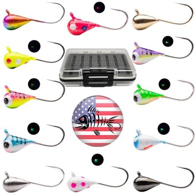 Tungsten UV Glow Ice Fishing Jigs- Beasty Buoys 24 Pack Free Tackle Box Case Included 6mm 2 gm #8 Hook Lure Bait Walleye Crappie Panfish Trout
