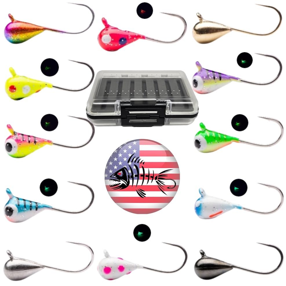 Tungsten UV Glow Ice Fishing Jigs- Beasty Buoys 24 Pack Free Tackle Box Case Included 6mm 2 gm #8 Hook Lure Bait Walleye Crappie Panfish Trout
