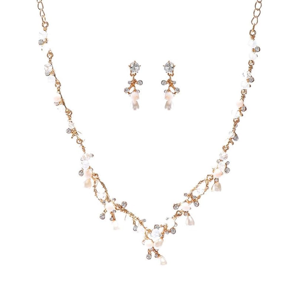 Koolouispoper Crystal Beads Pearl Butterfly Costume Jewelry Sets Floral Rhinestone Choker Necklace Earrings Tiara Wedding Jewelry Set (SILVER 2SET)