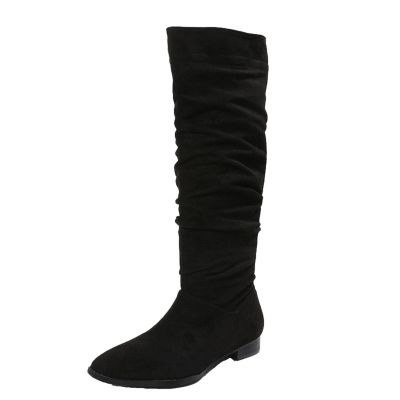 Boots for Women Knee High Low Heel Comfortable Dressy Pointed Toe Warm Pleated Slip on Block Chunky Heel Boots Winter Casual Outdoor Ladies Shoes