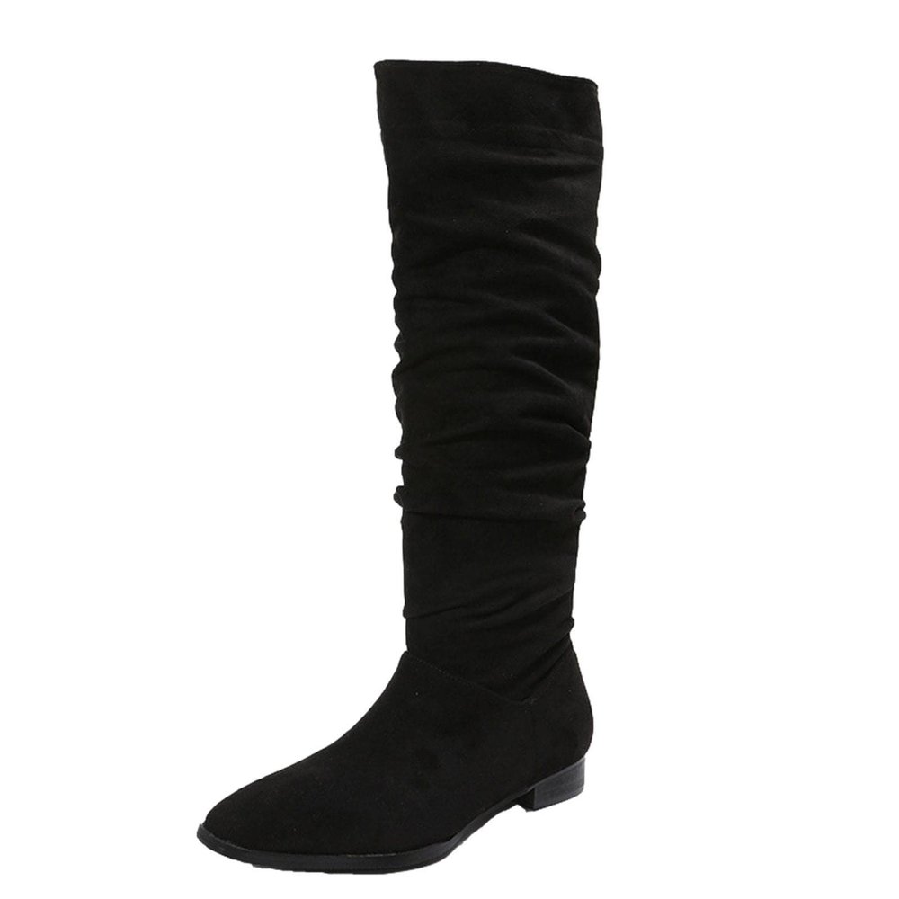 Boots for Women Knee High Low Heel Comfortable Dressy Pointed Toe Warm Pleated Slip on Block Chunky Heel Boots Winter Casual Outdoor Ladies Shoes