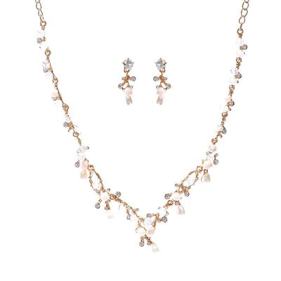 Koolouispoper Crystal Beads Pearl Butterfly Costume Jewelry Sets Floral Rhinestone Choker Necklace Earrings Tiara Wedding Jewelry Set (GOLD 2 SET)