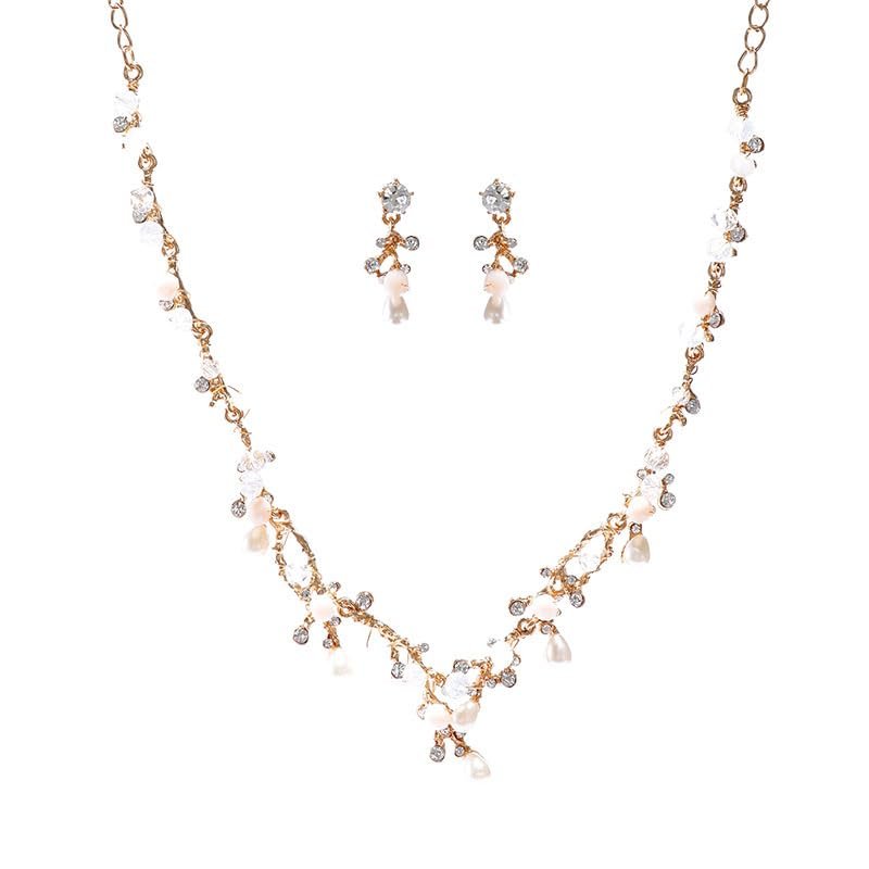 Koolouispoper Crystal Beads Pearl Butterfly Costume Jewelry Sets Floral Rhinestone Choker Necklace Earrings Tiara Wedding Jewelry Set (GOLD 2 SET)