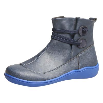 oiangi Boots for Women Ankle Booties Vintage Round Toe Elastic Band Flat Slip on Boots Fall Winter Solid Retro Comfortable Casual Outdoor Ladies Shoes