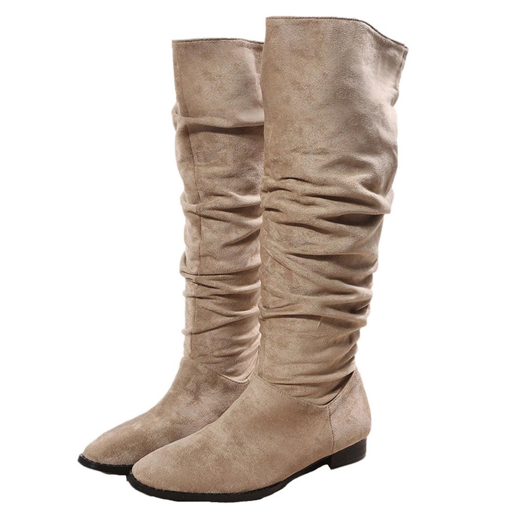 Boots for Women Knee High Low Heel Comfortable Dressy Pointed Toe Warm Pleated Slip on Block Chunky Heel Boots Winter Casual Outdoor Ladies Shoes