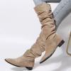 Boots for Women Knee High Low Heel Comfortable Dressy Pointed Toe Warm Pleated Slip on Block Chunky Heel Boots Winter Casual Outdoor Ladies Shoes view 4