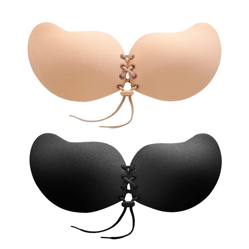 2 Pairs Sticky Bra Backless Strapless Push up Bras for Women, Invisible Adhesive Lift Lace up Bra for Large Breasts - Fit for C Cup