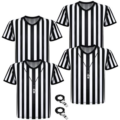 Sintege 4 Sets White and Black Soccer Referee Stripe Shirt with Whistle Official Referee Costume Shirt Football Umpire Jersey Halloween Costume for Adult(Adults X-Large)