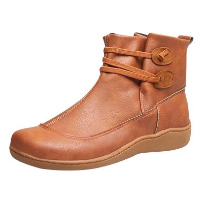 oiangi Boots for Women Ankle Booties Vintage Round Toe Elastic Band Flat Slip on Boots Fall Winter Solid Retro Comfortable Casual Outdoor Ladies Shoes