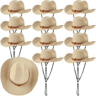 JaGely 12 Pcs Straw Cowboy Hat for Men Women Western Party Sun Protection Hat Wide Brim Cowgirl Costume Accessories for Summer Beaches Outdoor Adventures Fishing Riding Camping Garden Yard Work,Beige