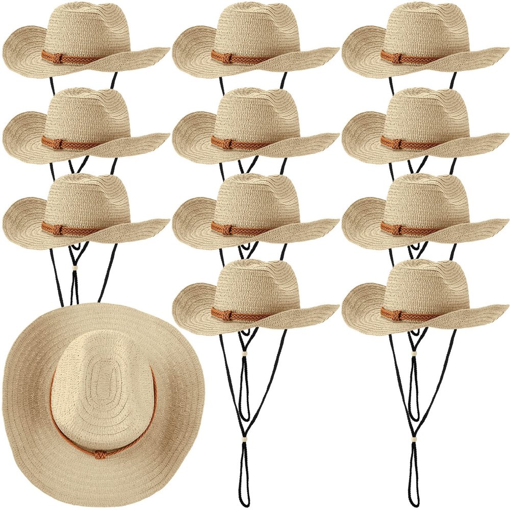 JaGely 12 Pcs Straw Cowboy Hat for Men Women Western Party Sun Protection Hat Wide Brim Cowgirl Costume Accessories for Summer Beaches Outdoor Adventures Fishing Riding Camping Garden Yard Work,Beige