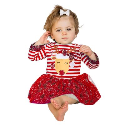 Baby Girls Christmas Dress Long Sleeve Deer Striped Princess Tulle Dress Clothes 1-5 Years (Red, 18-24 Months)