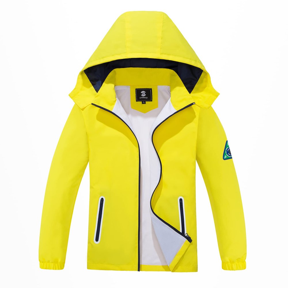 SaphiRose Kids Rain Jacket Waterproof Raincoat Mesh Lined Coat with Removable Hood for Boys Girls (Yellow,6-7years)