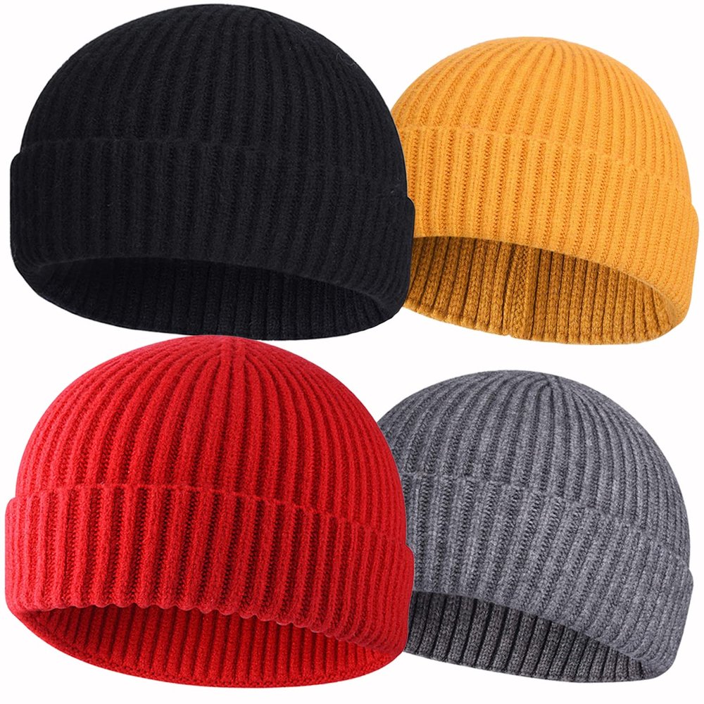 4pcs Wool Fisherman Beanies for Men, Knit Short Watch Cap Winter Warm Hats