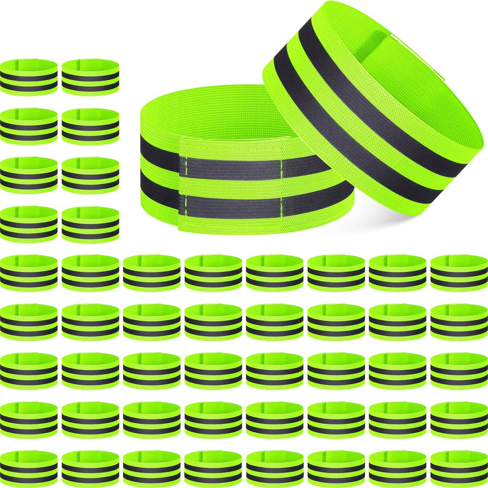 Yilloog 100 Pcs Reflective Arm Bands for Night Walking Reflector Bands Wrist Arm Ankle Leg High Visibility Reflective Gear Safety Reflector Tape Straps for Cycling and Running(Green)