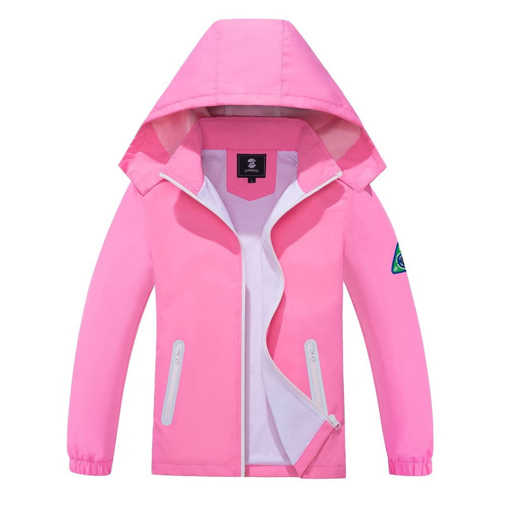 SaphiRose Kids Rain Jacket Waterproof Raincoat Mesh Lined Coat with Removable Hood for Boys Girls (Pink,10-12 years)