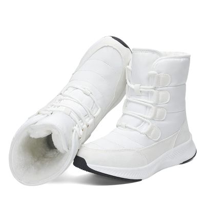 Women's Snow Boots Winter Warm Plush Lined Cozy Waterproof Booties Anti Slip Mid Calf Boots Lace Up Outdoor Lightweight Walking Booties Thickening Sneakers White 39