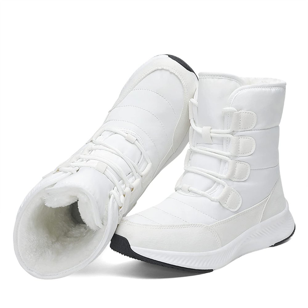 Women's Snow Boots Winter Warm Plush Lined Cozy Waterproof Booties Anti Slip Mid Calf Boots Lace Up Outdoor Lightweight Walking Booties Thickening Sneakers White 39