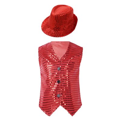 FEESHOW Kids Boys Girls Glittery Sequins Sleeveless Button Closure Vest Jacket for Stage Performance Show Dancewear Red A 13-14 Years