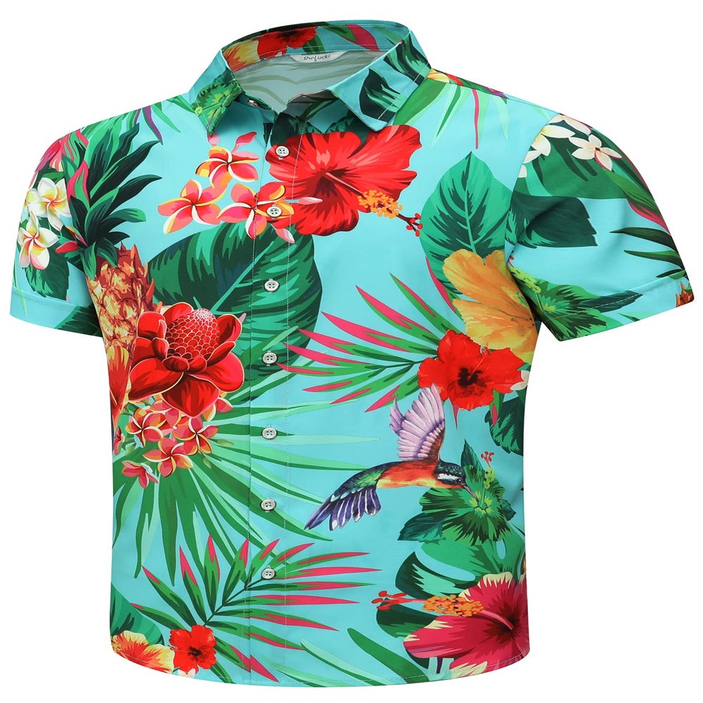 SheLucki Hawaiian Shirt for Men, Unisex Summer Beach Casual Short Sleeve Button Down Shirts, Printed Palmshadow Clothing Pineapple Light Blue 2XL