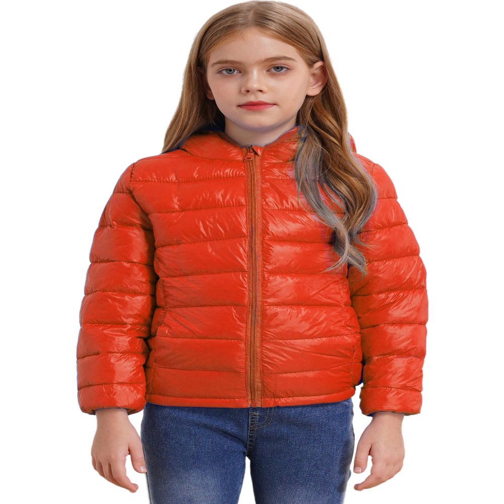 Oyolan Youth Boys Girls Winter Coat Water-Resistant Hoodie Zipper Puff Jacket Warm Lightweight Down Coat Orange 11-12 Years