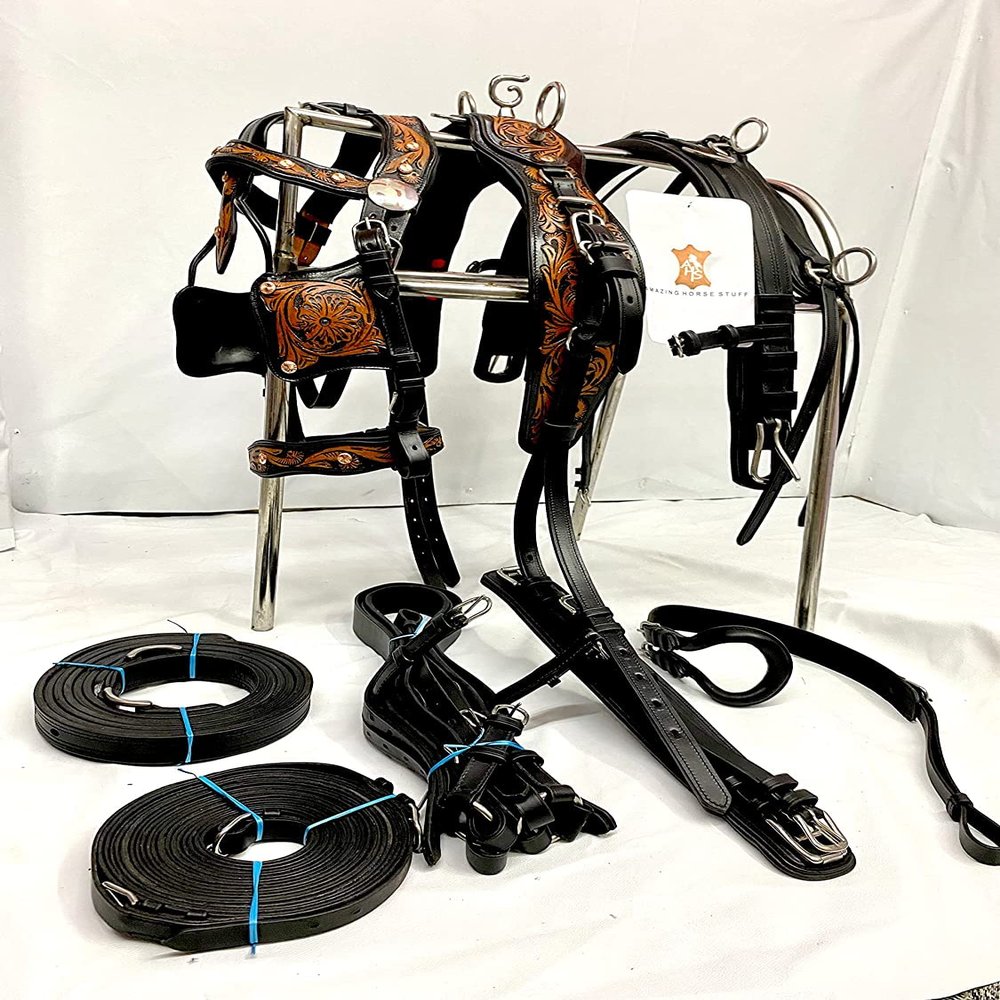 Antique Finished Leather Horse Driving Harness for Single Horse Cart | Stainless Steel Hardware | Tooled & Carved Leather | Copper Studs | (Cob, Black & Natural)
