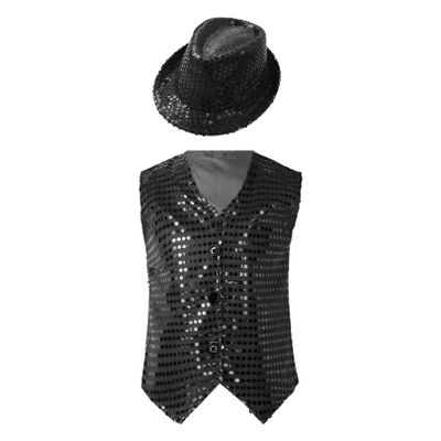 FEESHOW Kids Boys Girls Glittery Sequins Sleeveless Button Closure Vest Jacket for Stage Performance Show Dancewear Black A 17-18 Years