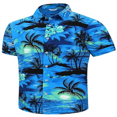 SheLucki Hawaiian Shirt for Men, Unisex Summer Beach Casual Short Sleeve Button Down Shirts, Printed Palmshadow Clothing Palm Tree Blue 3XL
