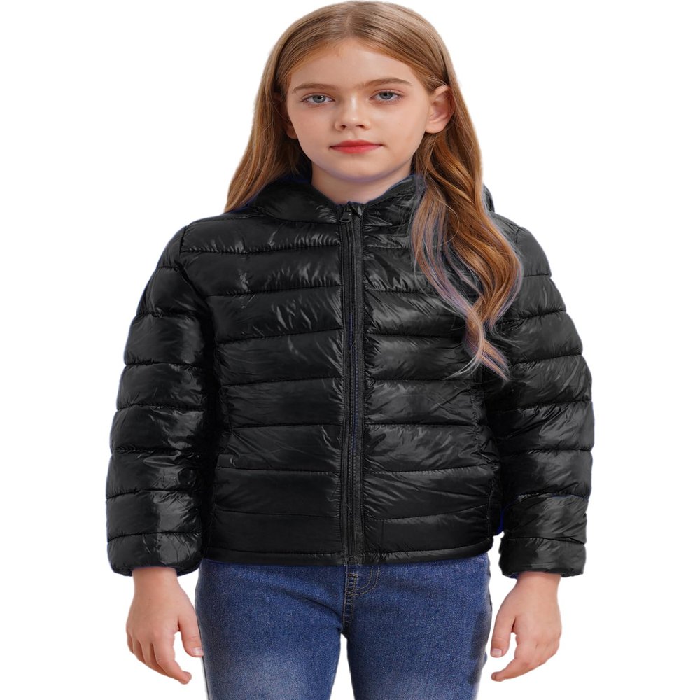 Oyolan Youth Boys Girls Winter Coat Water-Resistant Hoodie Zipper Puff Jacket Warm Lightweight Down Coat Black 13-14 Years