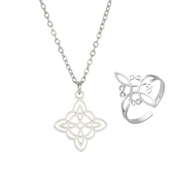 Witch Knot Ring Necklace Jewelry Set Stainless Steel Adjustable Witchcraft Celtic Love Knot Open Ring Celtic Quaternary Wiccan Witches Knot Ring Witchcraft Amulet Jewelry Birthday Gift(Set A)