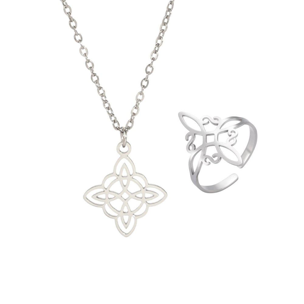 Witch Knot Ring Necklace Jewelry Set Stainless Steel Adjustable Witchcraft Celtic Love Knot Open Ring Celtic Quaternary Wiccan Witches Knot Ring Witchcraft Amulet Jewelry Birthday Gift(Set A)