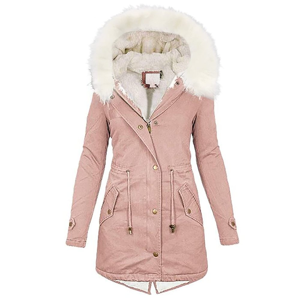 TIMIFIS Womens Coats Plus Size Overcoats with Fur Hood Fleece Chunky Jackets Zipper Button Outerwear Winter Warm Parka B-pink 5X-Large