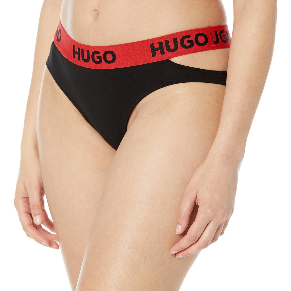 HUGO Mens Cut-out Waistband Cotton Brief Bikini Style Underwear, Solid Black/Red Flame, Medium US