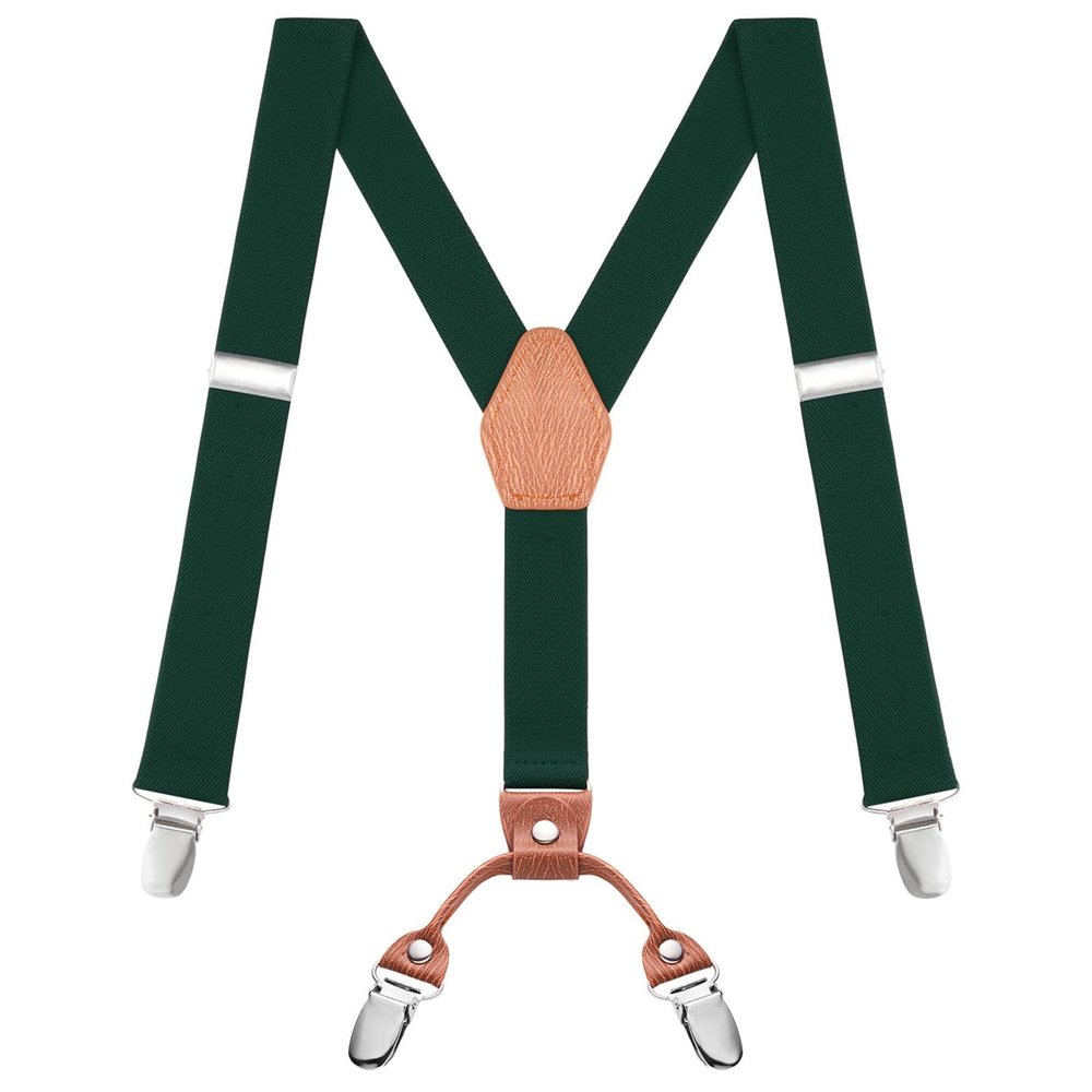 Buyless Fashion Adjustable Suspenders for Kids - 26" Elastic Straps 1" - Leather Y Shape Back - 5151 - Hunter-Green