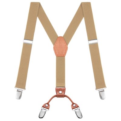 Buyless Fashion Adjustable Suspenders for Kids - 26" Elastic Straps 1" - Leather Y Shape Back - 5151 - Tan