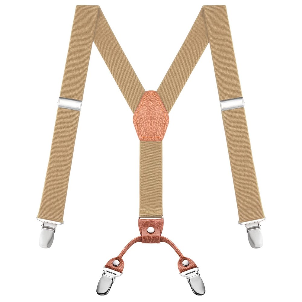 Buyless Fashion Adjustable Suspenders for Kids - 26" Elastic Straps 1" - Leather Y Shape Back - 5151 - Tan