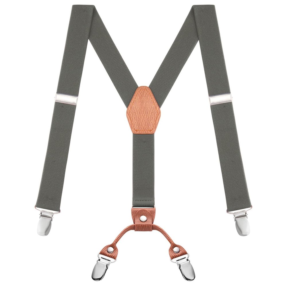 Buyless Fashion Adjustable Suspenders for Kids - 26" Elastic Straps 1" - Leather Y Shape Back - 5151 - Charcoal-Gray