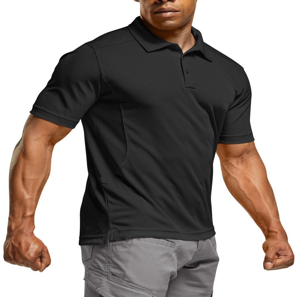 CQR Men's Polo Shirts, Tactical Short Sleeve Golf Performance Shirts, Lightweight Dry Fit UPF 50+ Pique, Frost Essential Black, Large