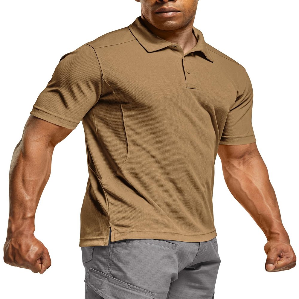 CQR Men's Polo Shirts, Tactical Short Sleeve Golf Performance Shirts, Lightweight Dry Fit UPF 50+ Pique, Frost Essential Coyote, Medium