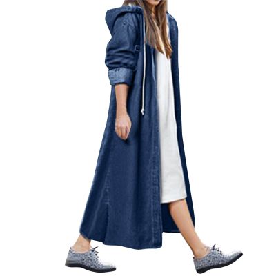 Hooded Outwear Long Casual Denim Women Long Overcoat Jacket Coat Jean Sleeve Women's Blouse Womens (Dark Blue, XXXL)